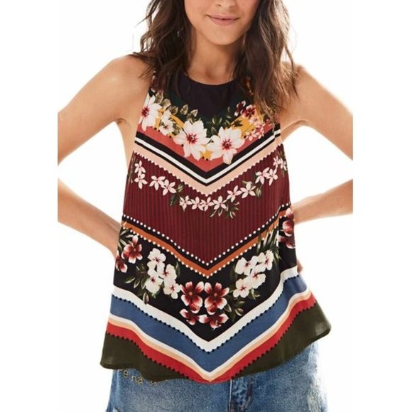 Farm Rio Floral Scarf Tank Top / Large / Keyhole Back Sleeveless - Picture 2 of 12